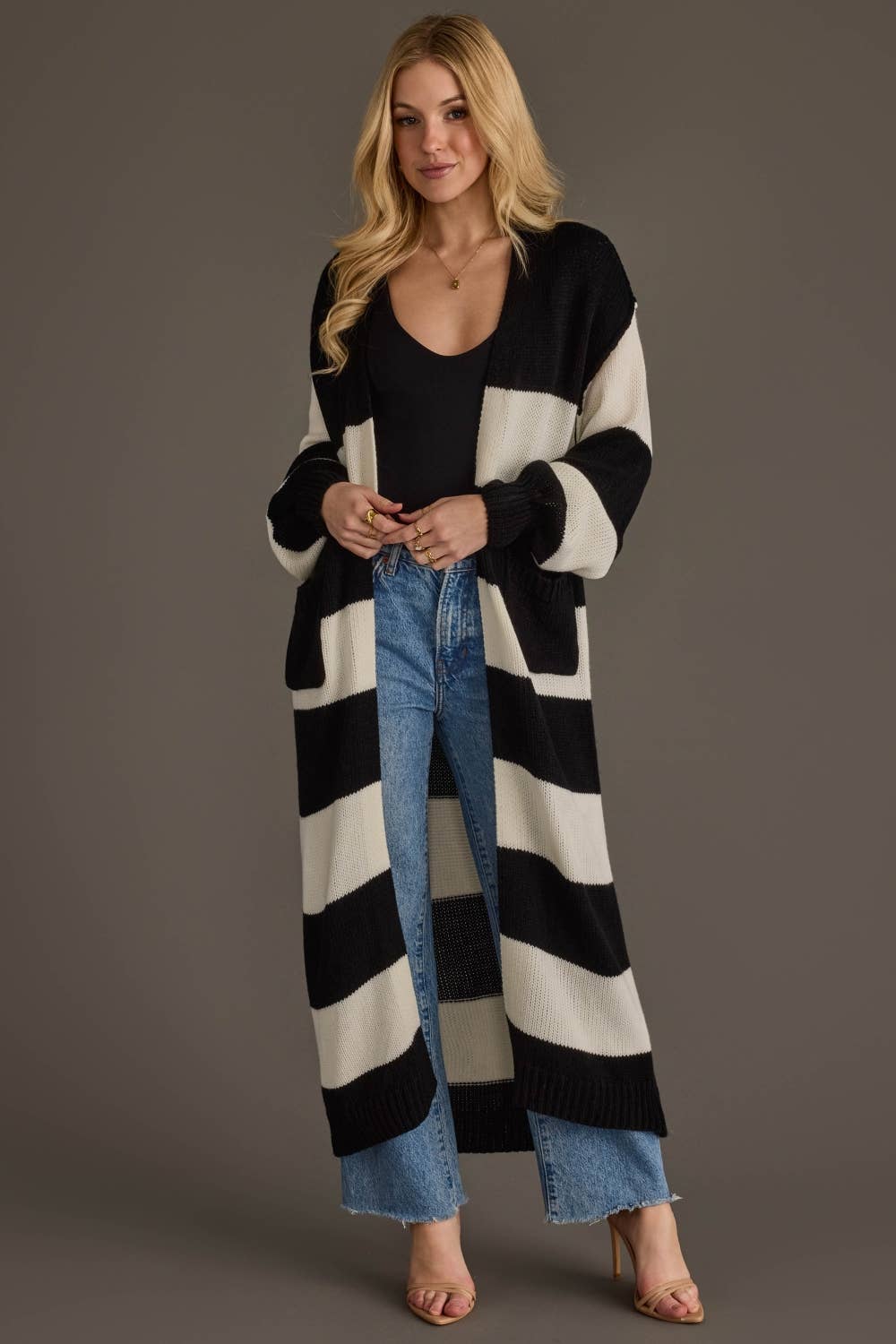 Black &amp; White Striped Duster Cardigan