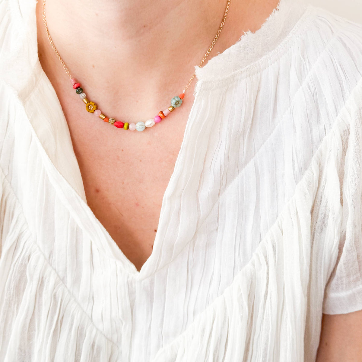 Dainty Pearl Flower and Recycled Bead Necklace
