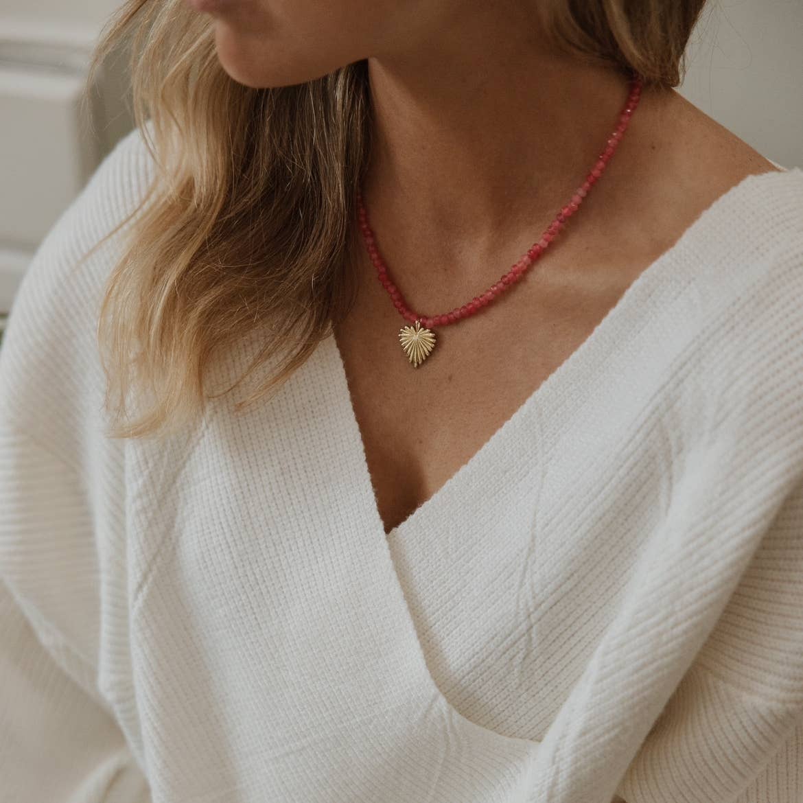 Esme Heart Pink Jade Beaded Necklace Gold Filled