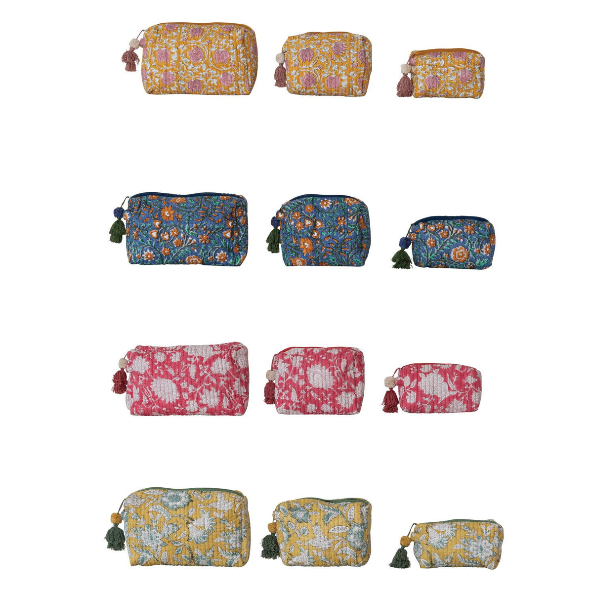 Quilted Cotton Voile Block Zip Pouches with Interior Lining, Set of 3, 4 Colors