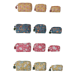 Quilted Cotton Voile Block Zip Pouches with Interior Lining, Set of 3, 4 Colors