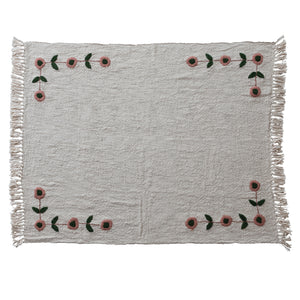 60"L x 50"W Woven Cotton Slub Throw with Hand-Embroidered Flowers & Fringe