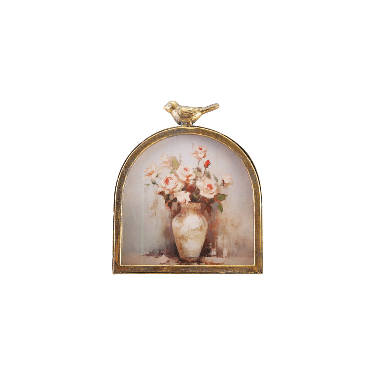 MDF &amp; Metal Arched Photo Frame with Bird Finial, Antique Gold Finish (Holds 5" x 5" Photo)