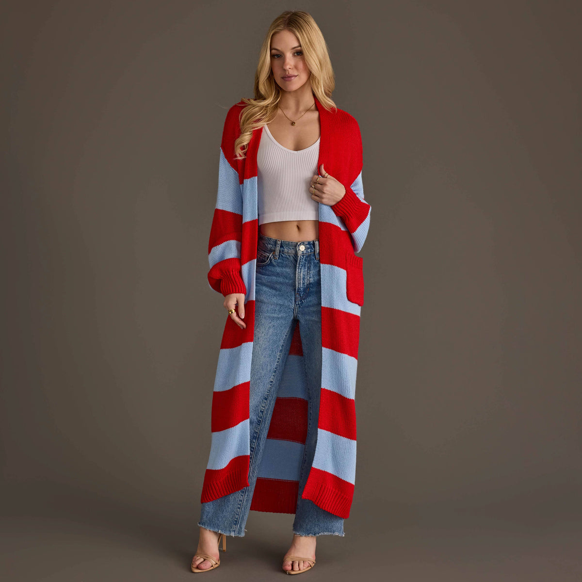 Red &amp; Lt. Blue Striped Duster Cardigan
