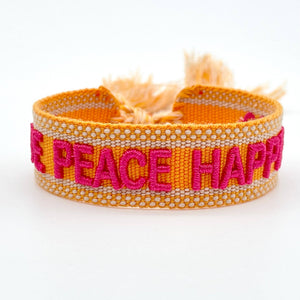 LOVE PEACE HAPPINESS statement bracelet woven, embroidered