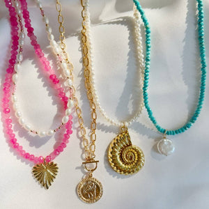 Esme Heart Pink Jade Beaded Necklace Gold Filled