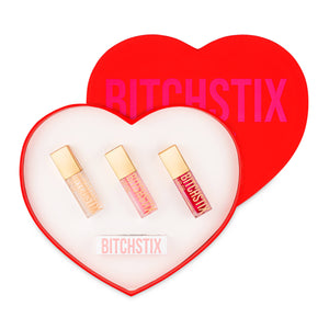 Bitchstix Gift Set: Heart Box Lip Oil Trio with Organic Lip Balm