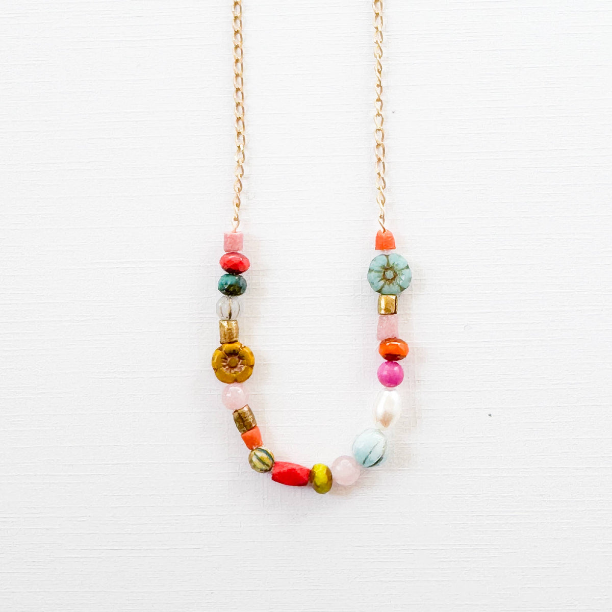 Dainty Pearl Flower and Recycled Bead Necklace