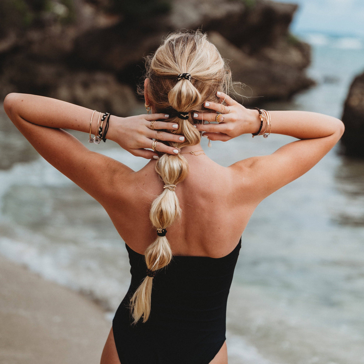K'lani "Connect" Black and Cream with Gold Accent Hair Tie Bracelets